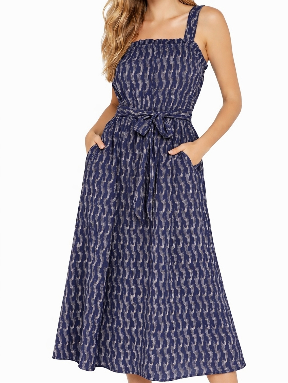 NWT Outerknown Blue Isla Smocked Bodice Organic Cotton Midi Dress Sz XS